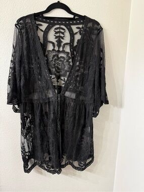 Black Sheer Lace Duster Cardigan – Boho Romantic Layering Piece, One Size